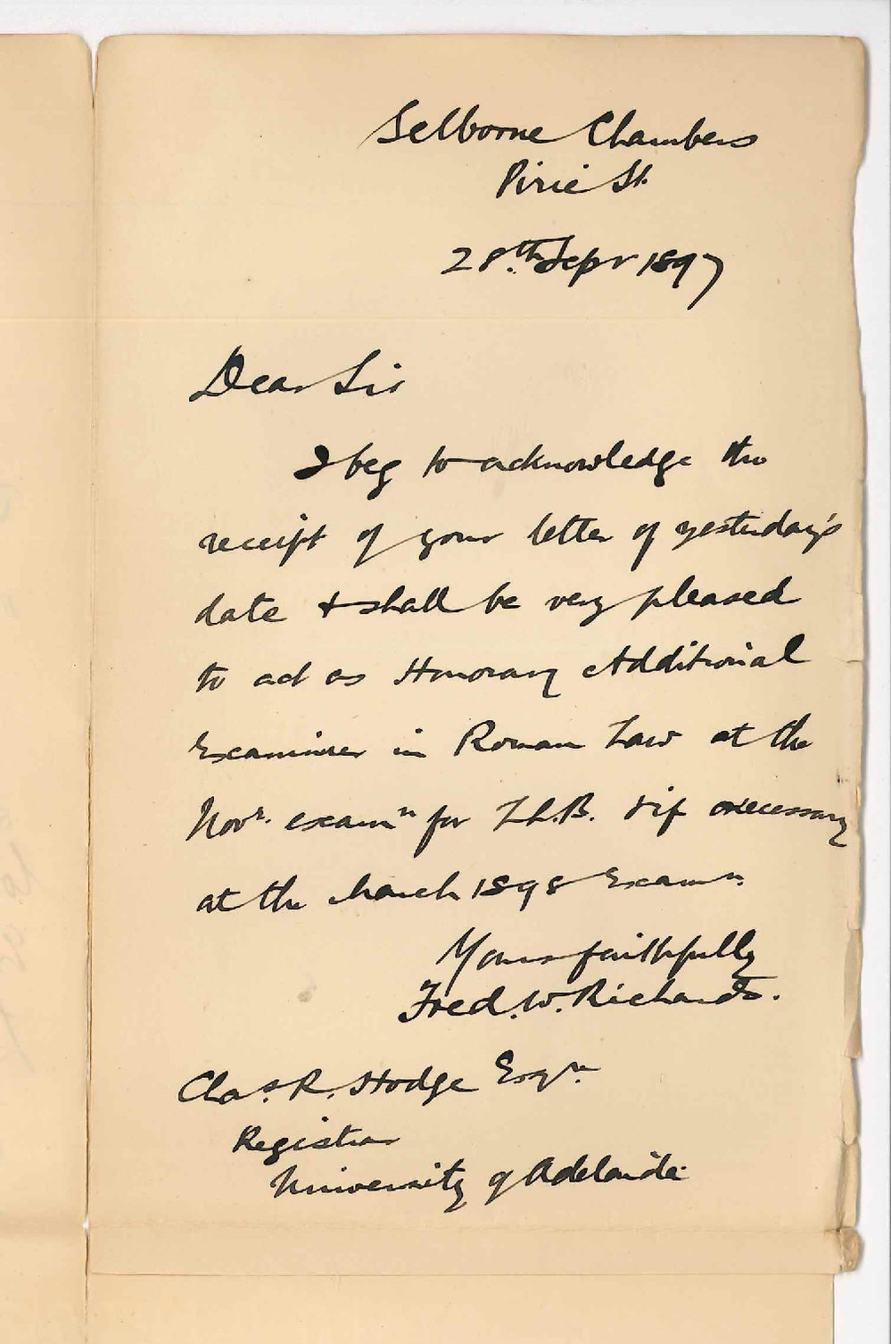 Frederick W Richards - Selborne Chambers - Will be pleased to act as Hon additional Examiner in Roman Law