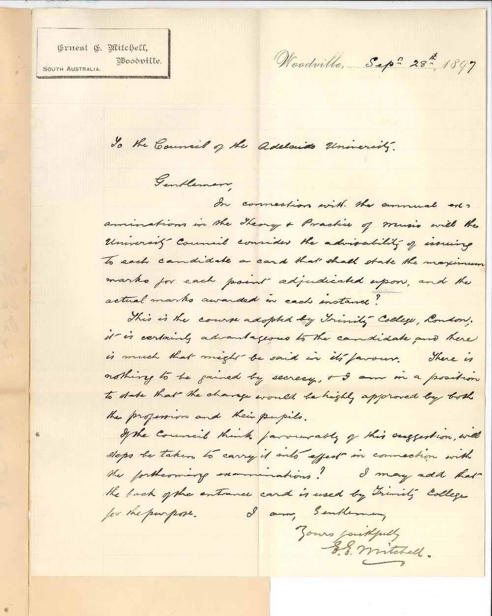 Ernest Edwin Mitchell - Woodville - Asking that the maximum marks for each subject shall be shown on Admission Cards and actual marks awarded in Music Examinations