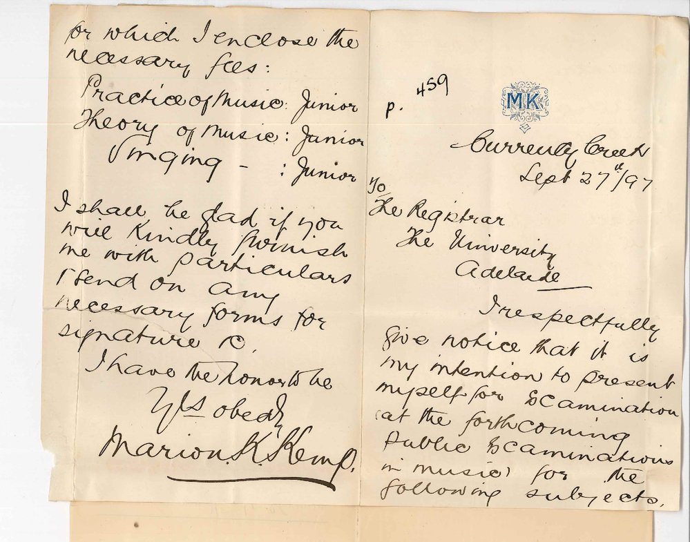 Marion Kirkwood Kemp - Currency Creek - Information re Music Exams - request for forms