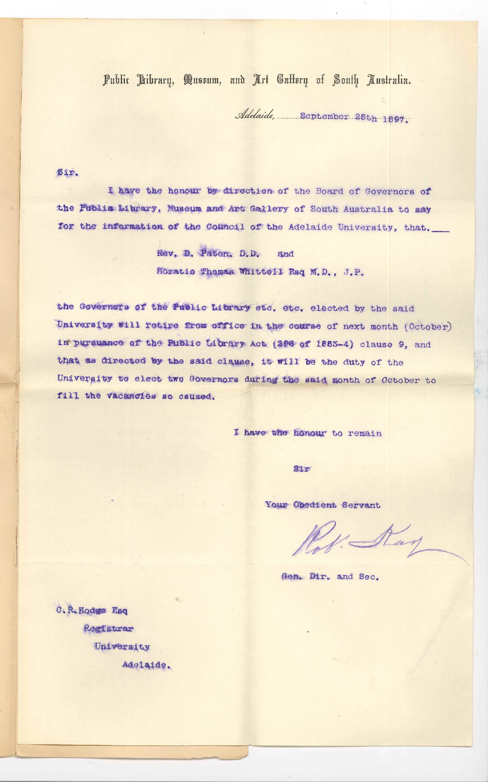 Robert Kay - Public Library etc - Notifying retirement of Reverend Dr David Paton and Horatio Thomas Whittell from Board of Governors