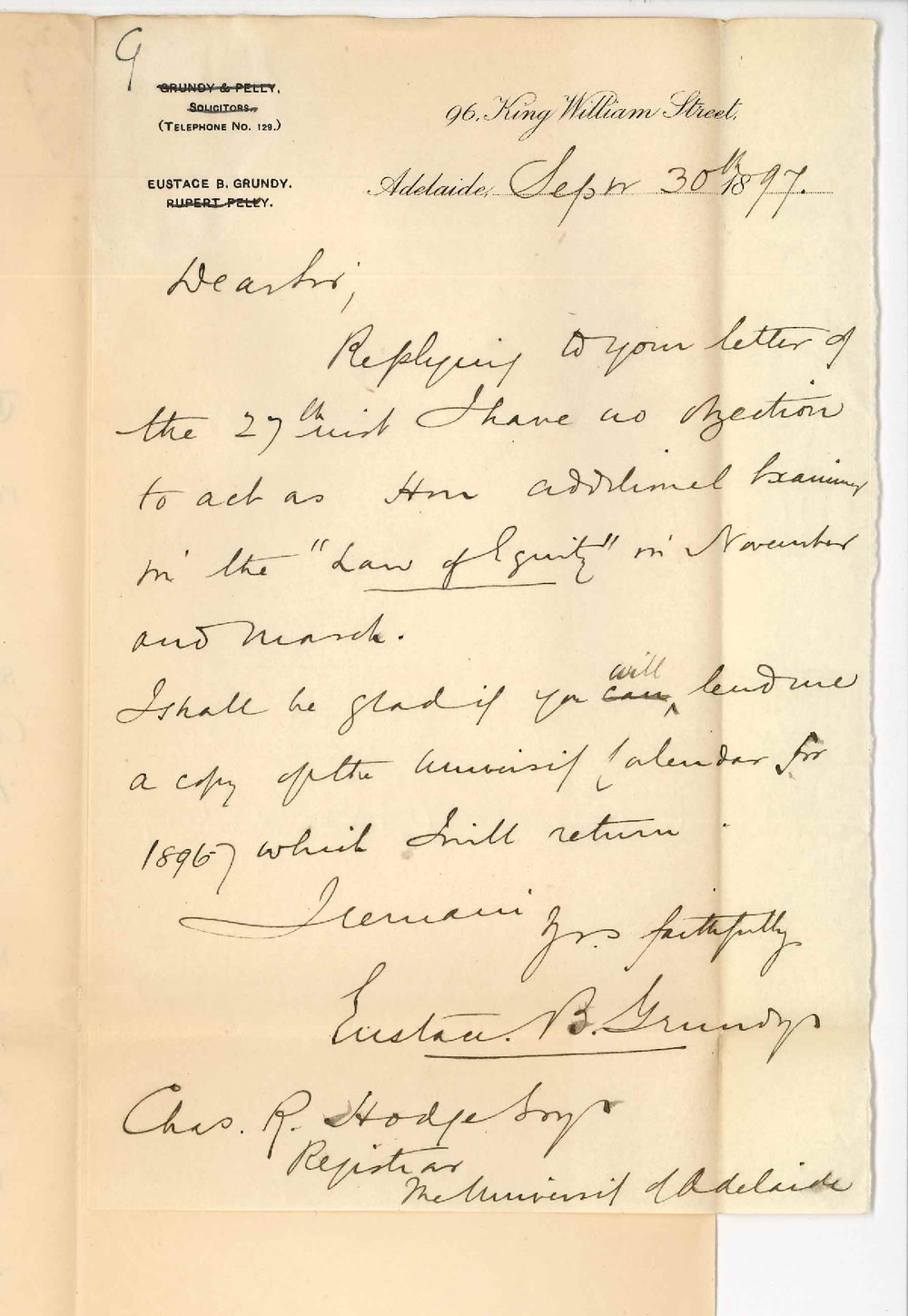 Eustace B Grundy - Adelaide - Consents to act as Hon additional Examiner Law of Equity