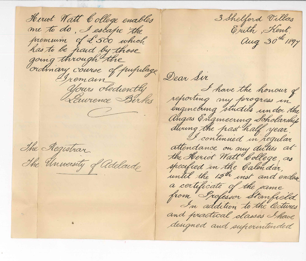 Lawrence Birks - Shelford Villas Erith Kent - Report of progress under Angas Engineering Scholarship