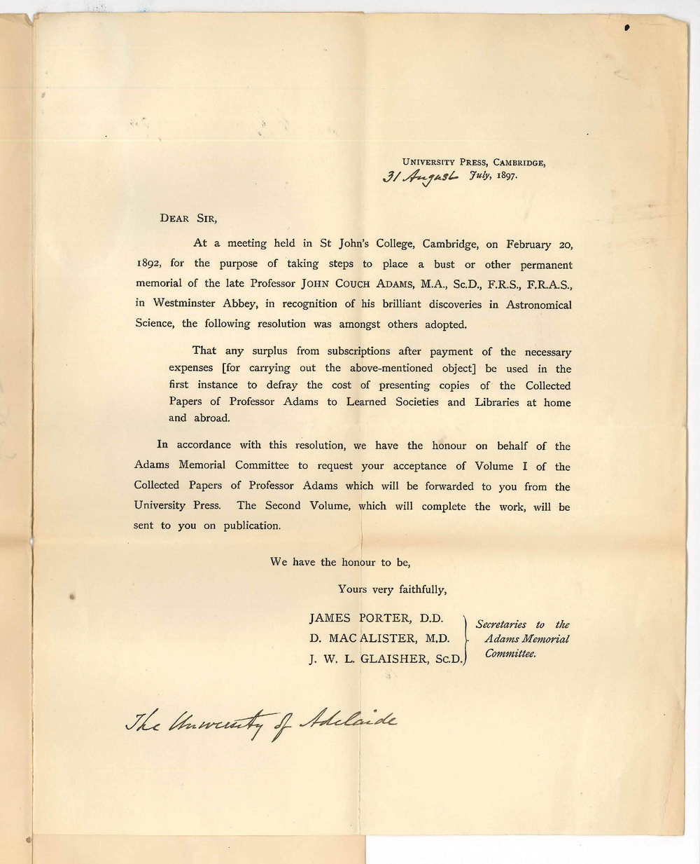 James Porter - University Press - Cambridge - Memorial of the late Professor John Couch Adams