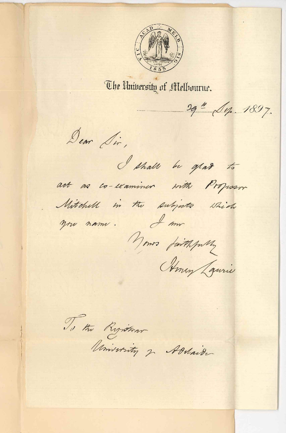 Henry Laurie - University of Melbourne - Consenting to act as Examiner with Professor William Henry Mitchell