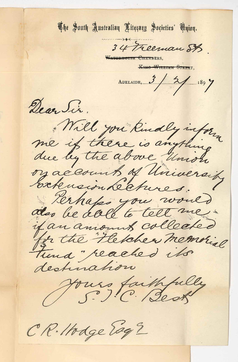 S T C Best - Adelaide - Asking if anything is due by South Australian Literary Society to University