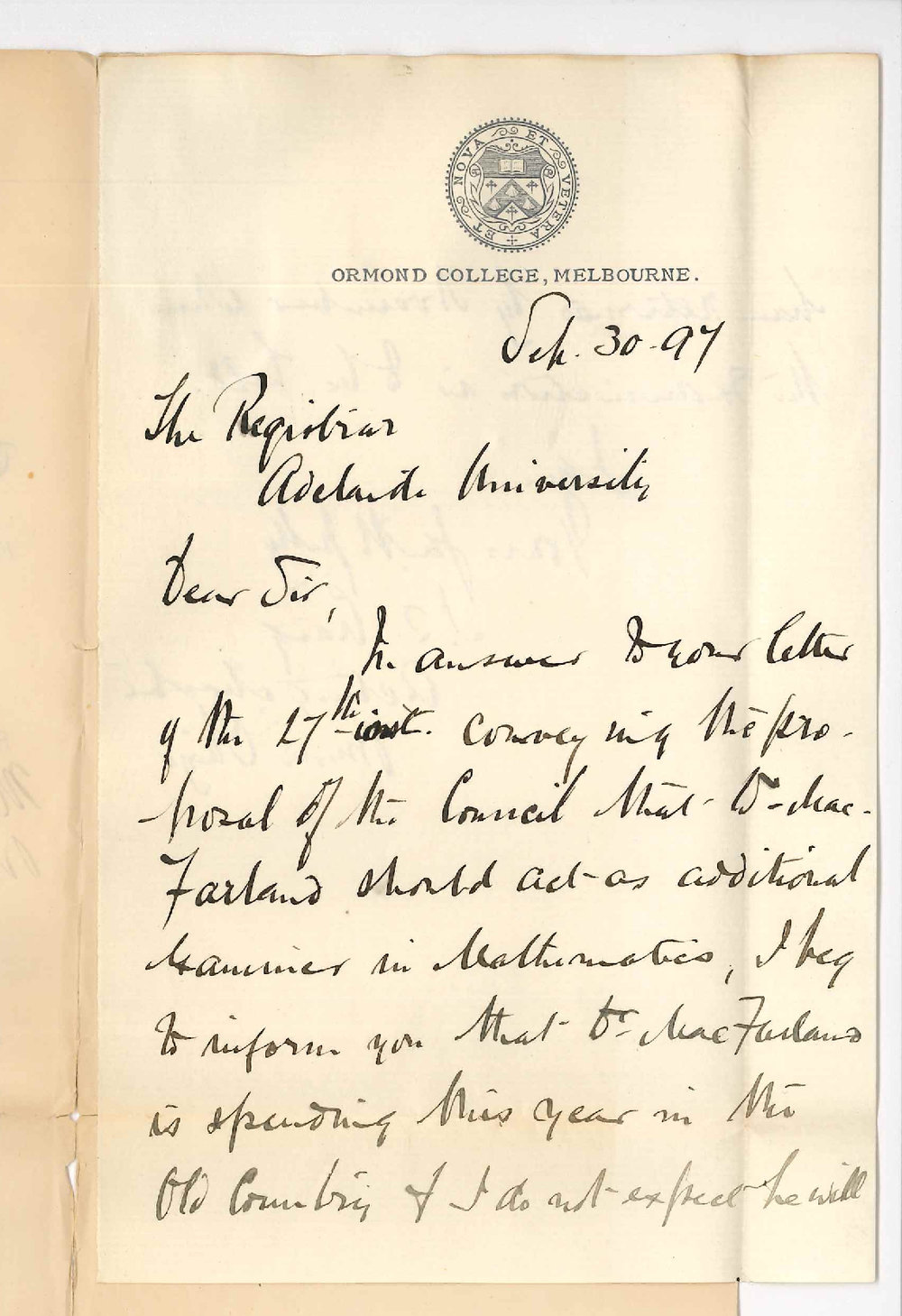 J T Craig - Ormond College Melbourne - Stating that William MacFarland is away on leave of absence
