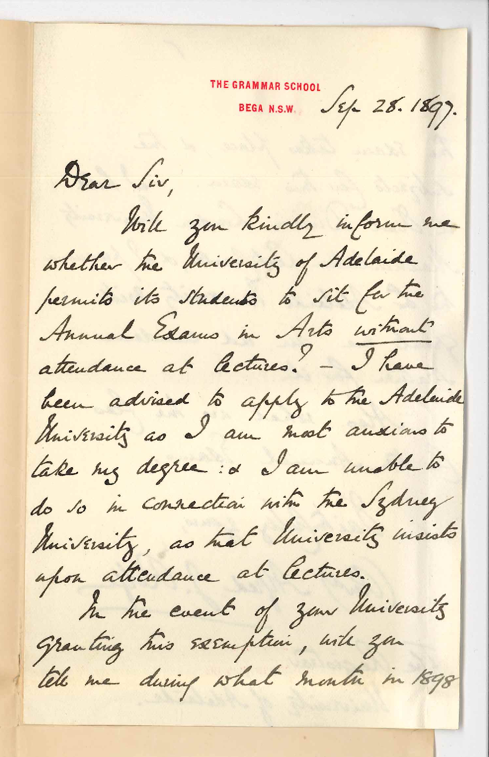 Reverend Alfred J Rolfe - Grammar School Bega NSW - Request to sit for BA Exam without attendance at lectures