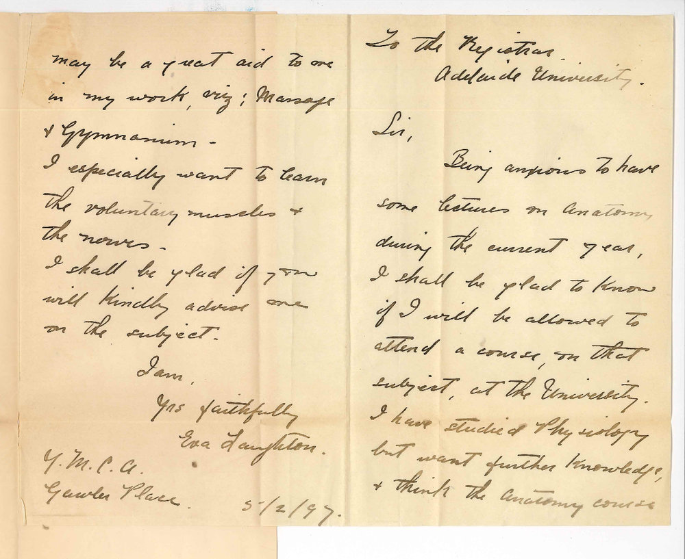 Miss Eva Laughton - YMCA - Concerning lectures on Anatomy