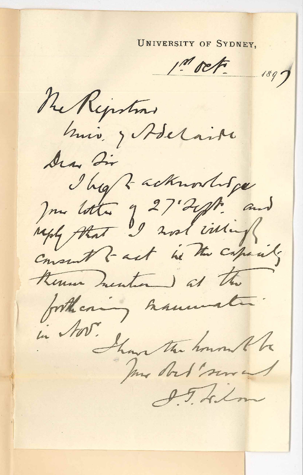 J T Wilson - University of Sydney - Consenting to act as Examiner