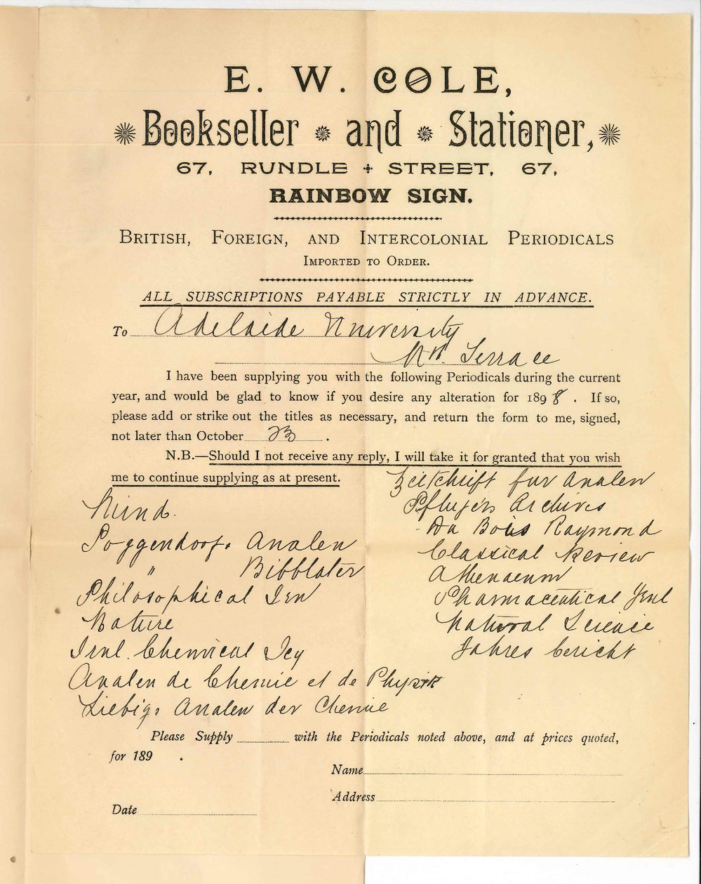 E W Cole - Bookseller Stationer and News Agent - Adelaide - Supply of Periodicals