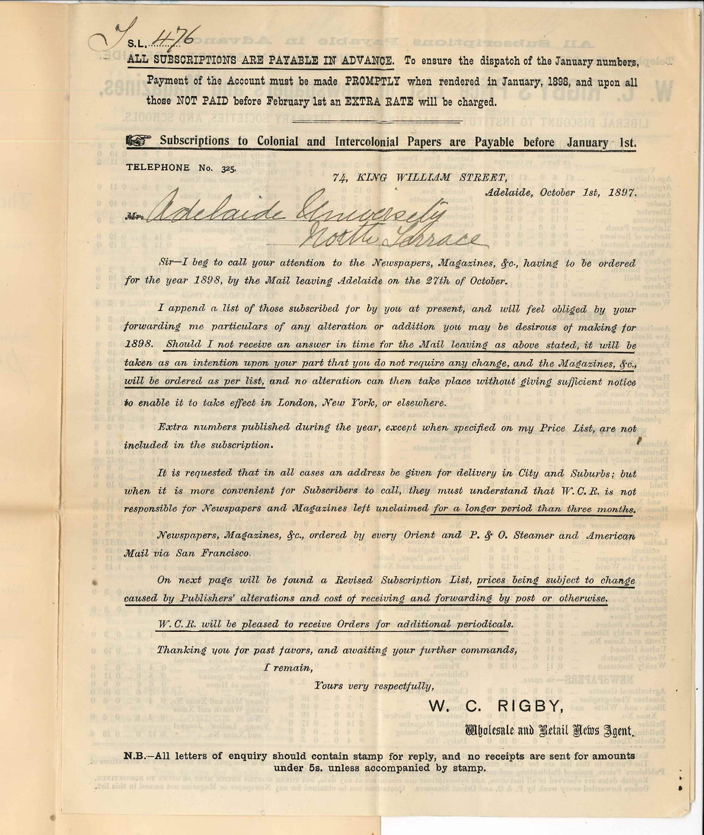 William Charles Rigby - Adelaide - Supply of Periodicals