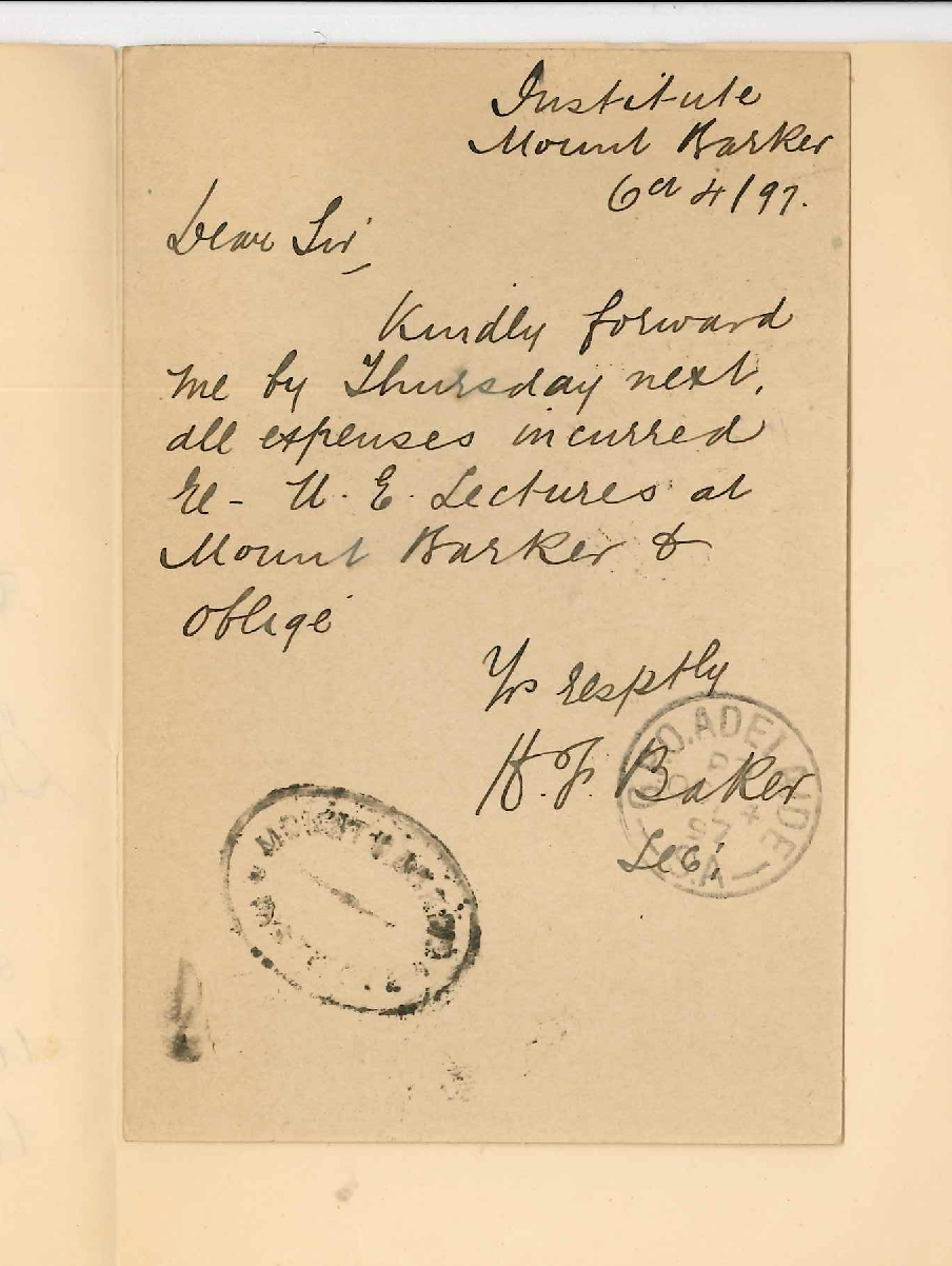 H T Baker - Secretary - Mount Barker Institute - Asking for expenses incurred in connection with Extension Lectures