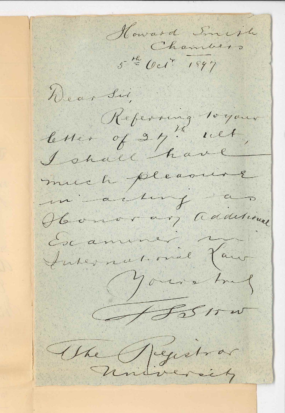 Francis Leslie Stow - Howard Smith Chambers - Consents to act as Hon additional Examiner in International Law