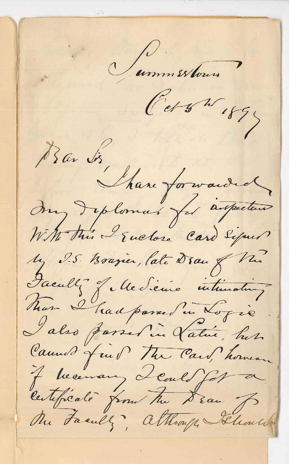 John Francis Souter - Summertown - Advising dispatch of Diploma and Enclosing card certifying that he had passed in Logic