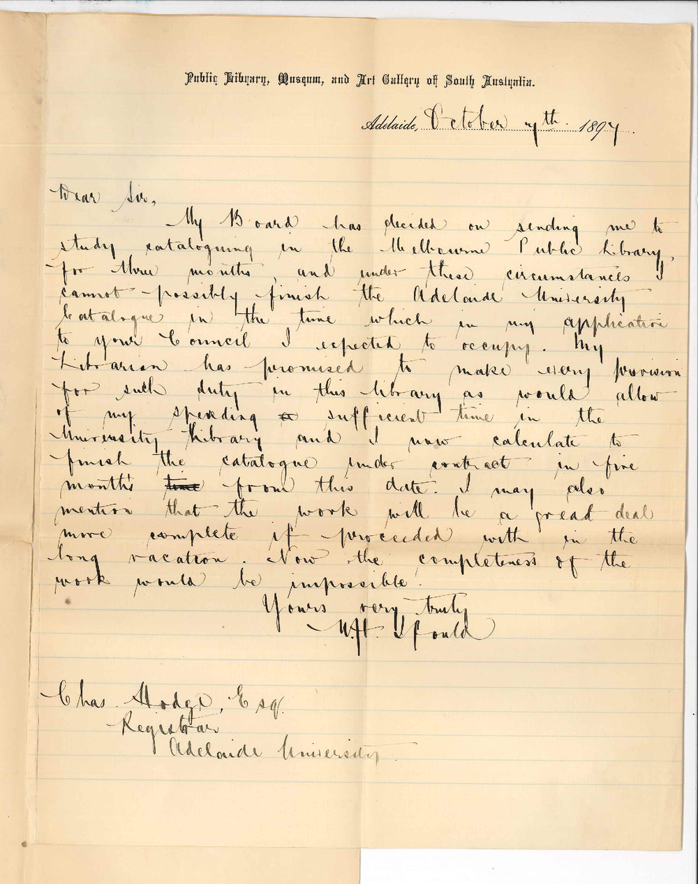 William Herbert Ifould - Adelaide - Going to Melbourne for 3 months - Will undertake to finish catalogue in 5 months from date