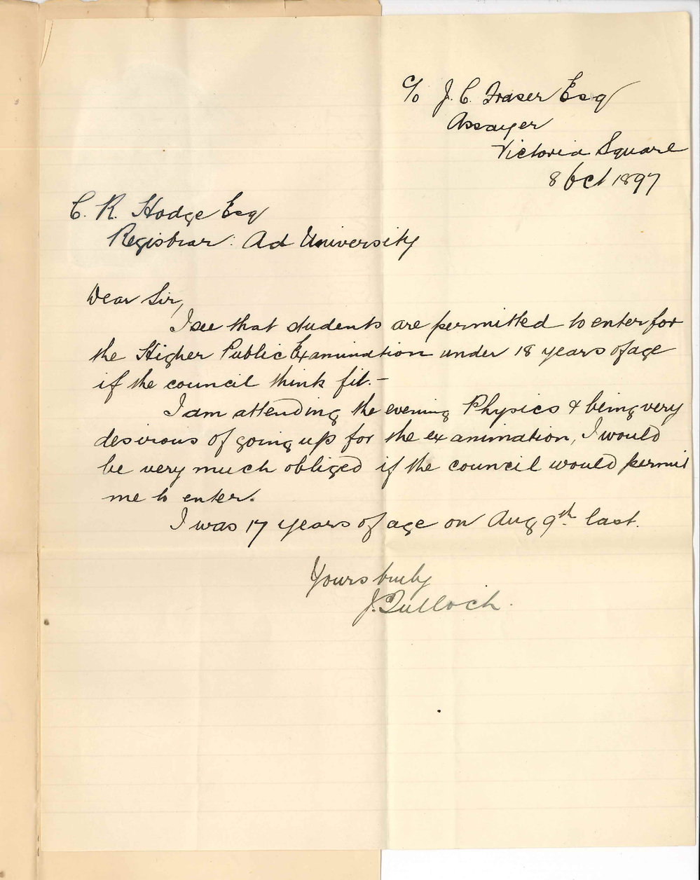 J Tulloch - Victoria Square Adelaide - Ask permission to enter for Higher Public Examination under age of 18