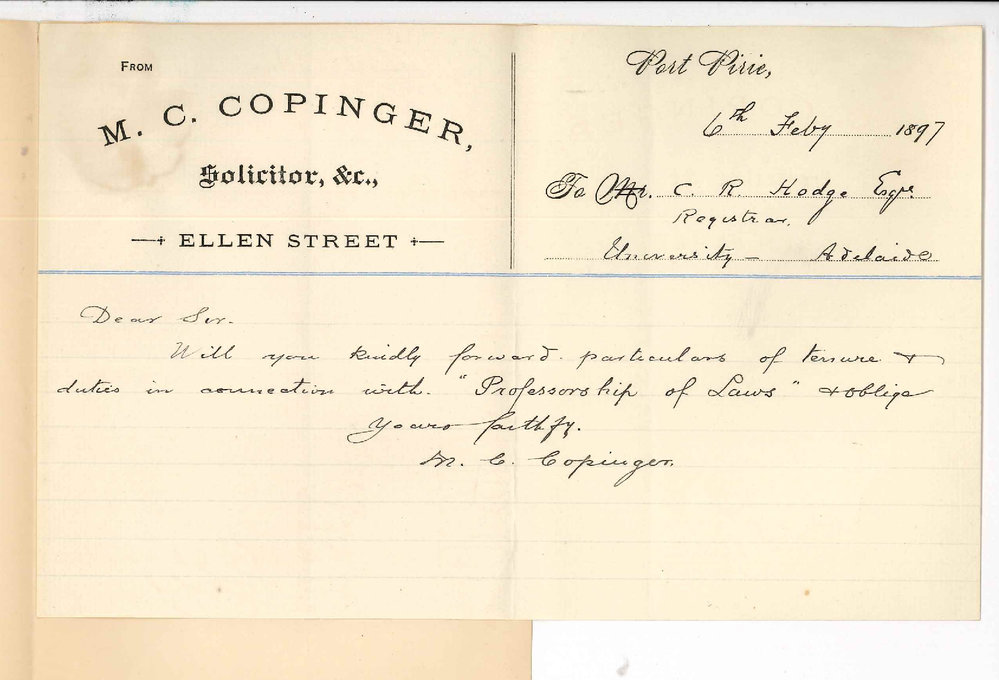 M C Copinger - Port Pirie - Particulars concerning Professorship of Laws