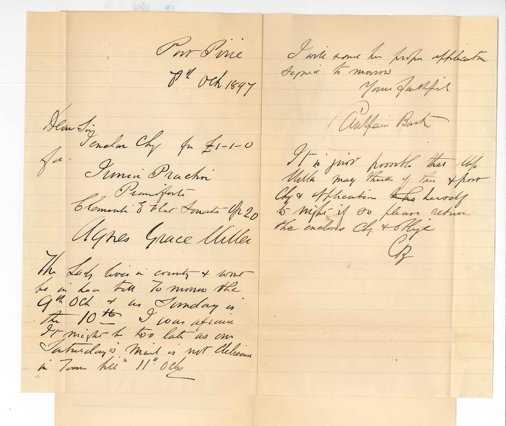 Caulfield Barton - Port Pirie - Forwarding cheque &pound;1-1 Exam fee Miss Grace Miller