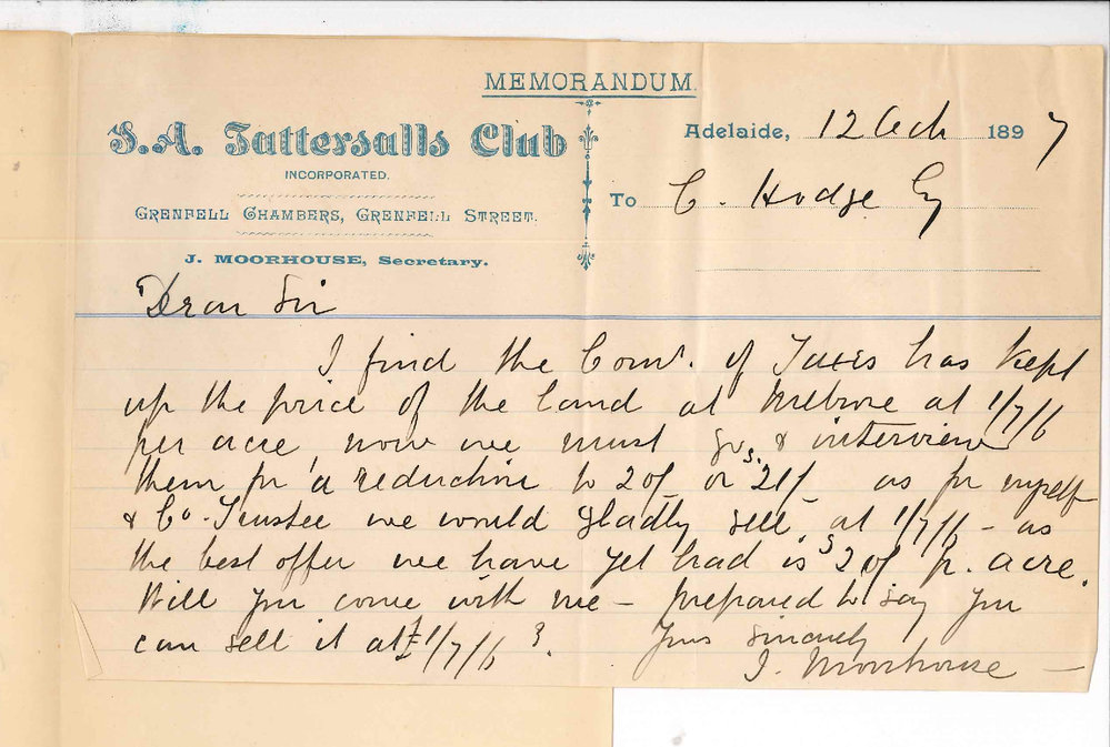 J Moorhouse - Secretary - South Australian Tattersalls Club - Regarding Taxation Departments valuation of land at Melrose