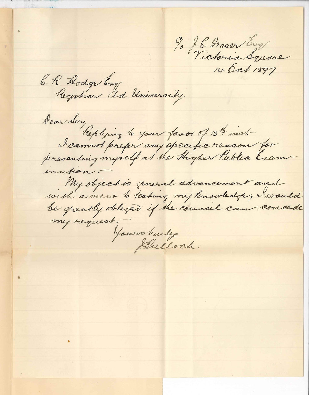 J Tulloch - Victoria Square Adelaide - Reason why he wishes to sit for Higher Public Exam