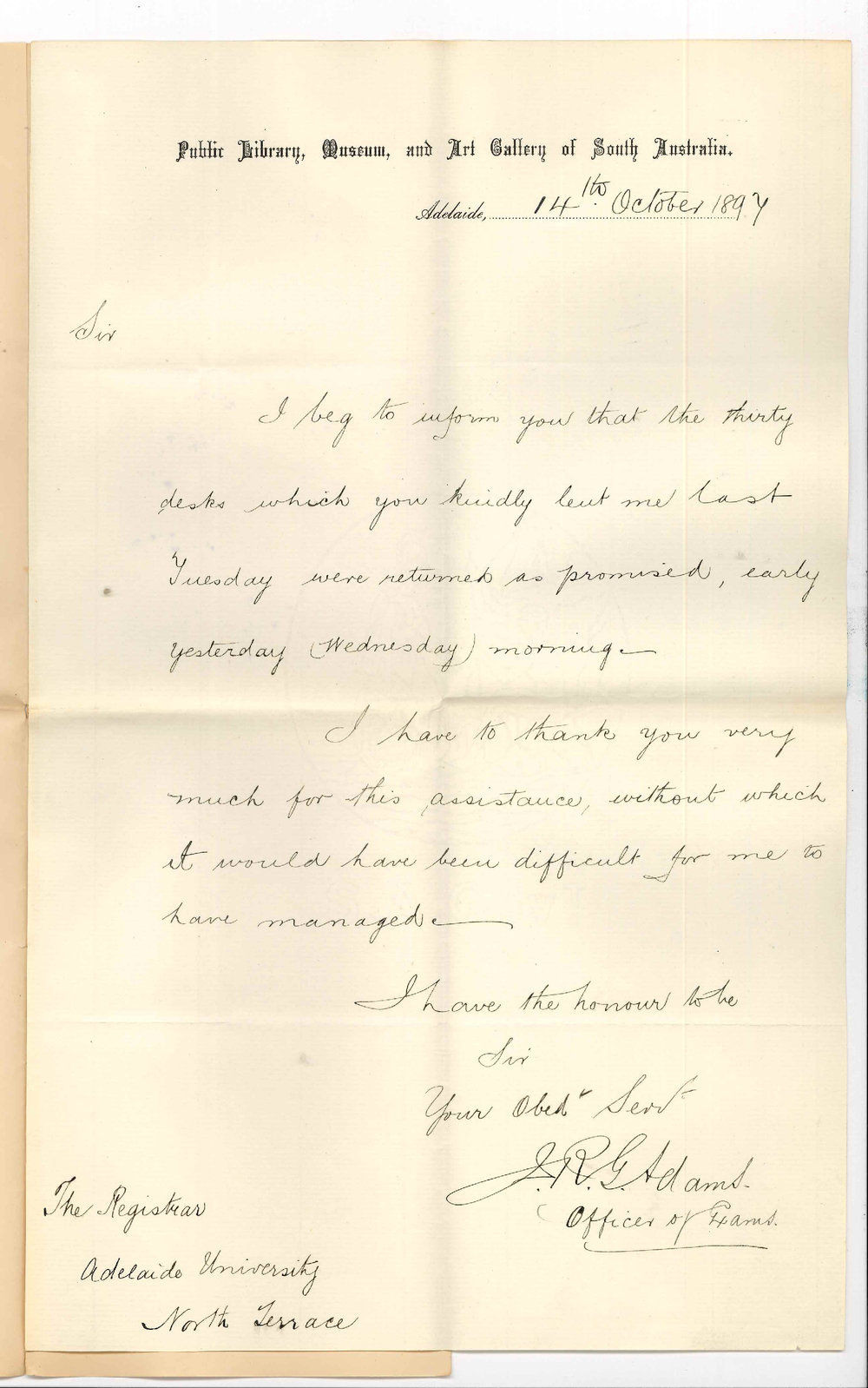 Joseph Robert George Adams - Public Library etc - Thanks for loan of tables