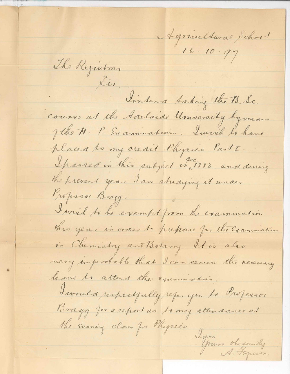 Andrew Ferguson - Agricultural School - Regarding Exam in Physics