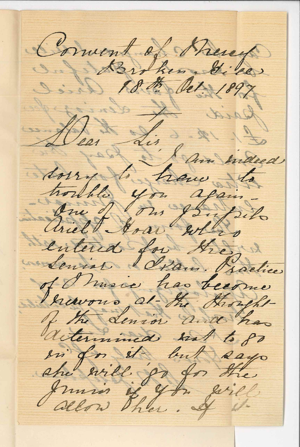Sister Josephine - Convent of Mercy - Broken Hill - Asking that Ariel Hoar might be transferred from Senior Practice to Junior Examination