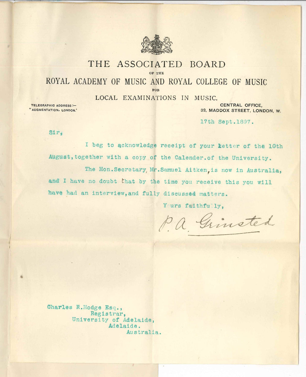 P A Grinsted - Associated Board Royal Academy of Music and Royal College of Music - London - Acknowledging letter and Calendar and informing that Honorary Secretary was in Australia
