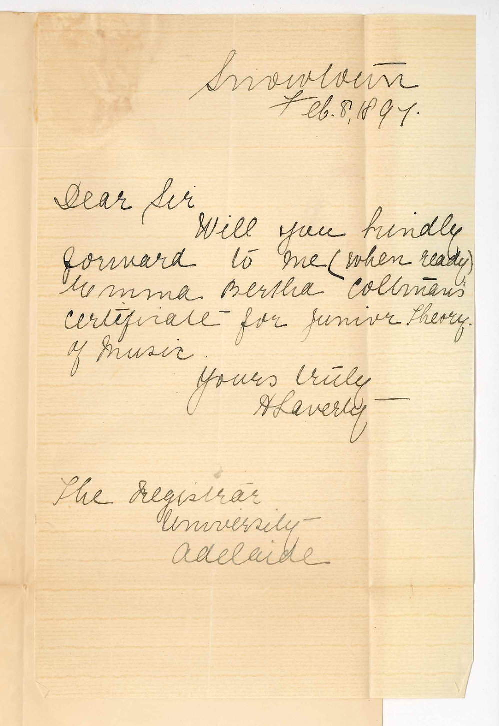 H Laverty - Snowtown - Requesting copy of Music Certificate for Emma Bertha Collman