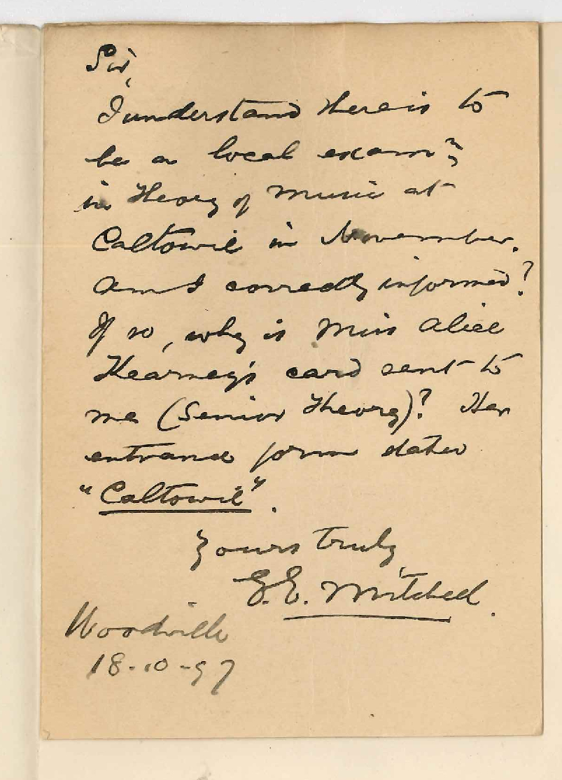 Ernest Edwin Mitchell - Woodville - Regarding Exam in Theory at Caltowie