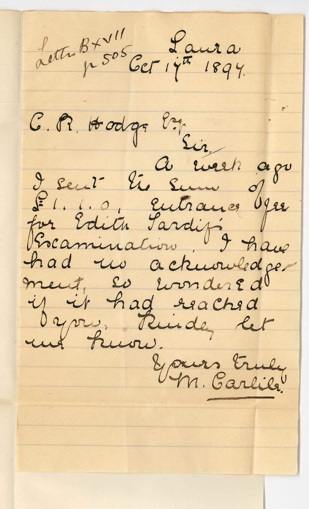 Mabel Carlile - Laura - Regarding Music Exam fee for Miss Edith Blanche Tardif
