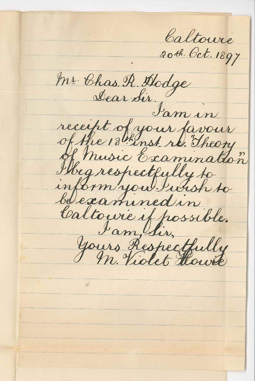 M Violet Howie - Caltowie - Request for Music Exam to be held in Caltowie