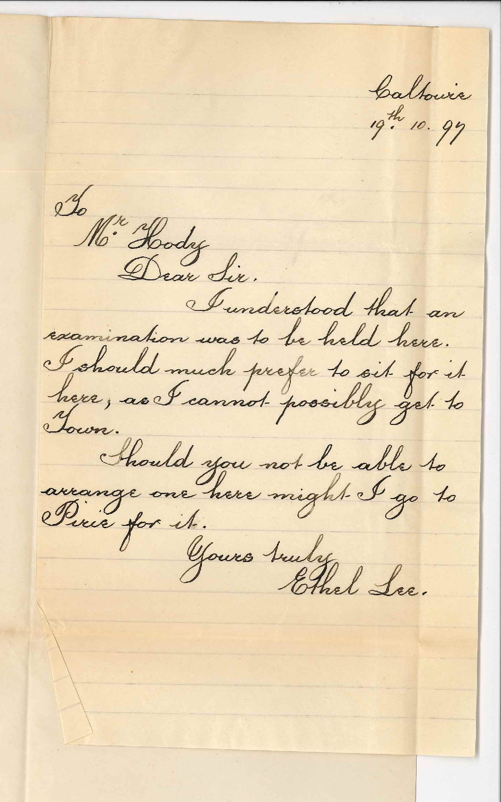Ethel Lee - Caltowie - Asking if Exam to be held at Caltowie