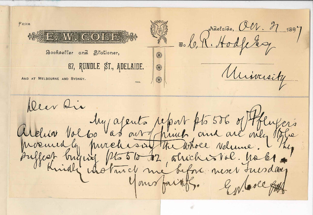 E W Cole - Bookseller Stationer and News Agent - Adelaide - Concerning missing parts 5 and 6 of Pflugers Archiv Vol 60