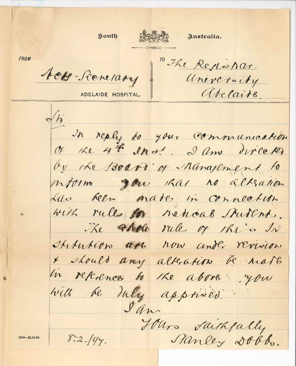 Stanley Dobbs - Adelaide Hospital - Concerning alterations for Medical Students