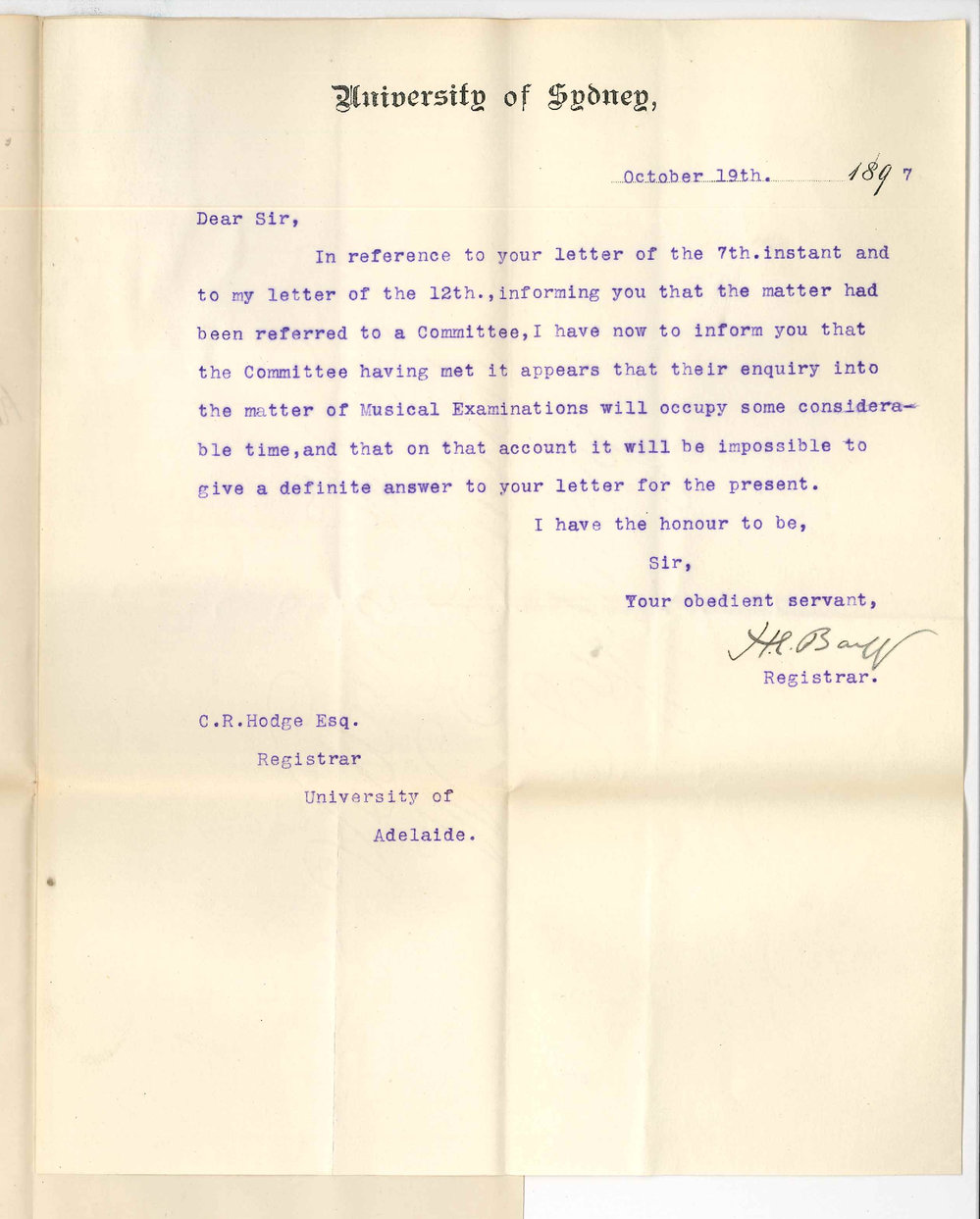Henry Ebenezer Barff - Registrar - University Sydney - Re Musical Exams in Sydney