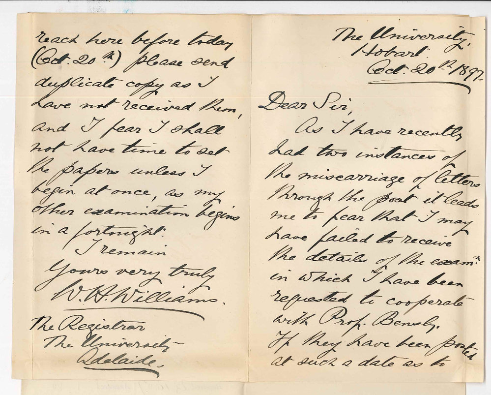 W H Williams - University Hobart - Asking for details of Examination
