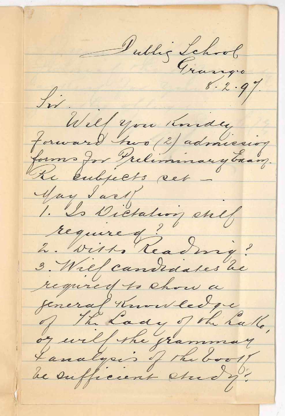G Muirhead - The Grange - Asking for particulars and forms for Preliminary Examination