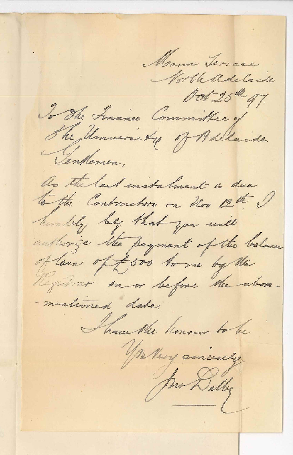 John Dalby - North Adelaide - Asking for balance of loan of &pound;500