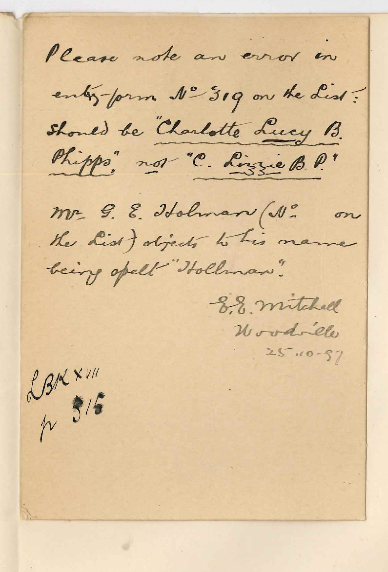 E E Mitchell - Woodville - Calling attention to alleged errors Candidates entries