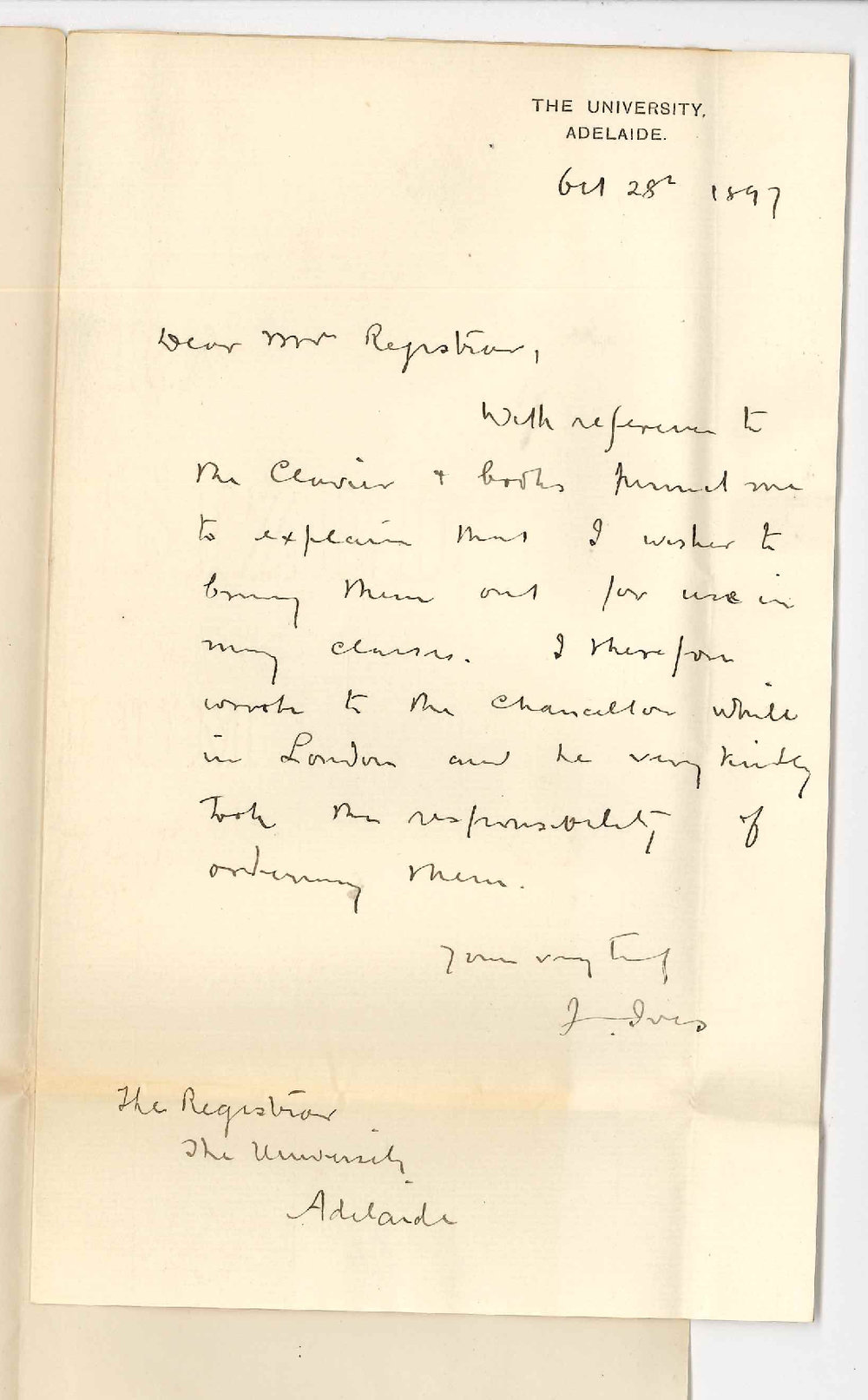 Professor Joshua Ives - The University - Regarding Clavier and Music Books purchased in London