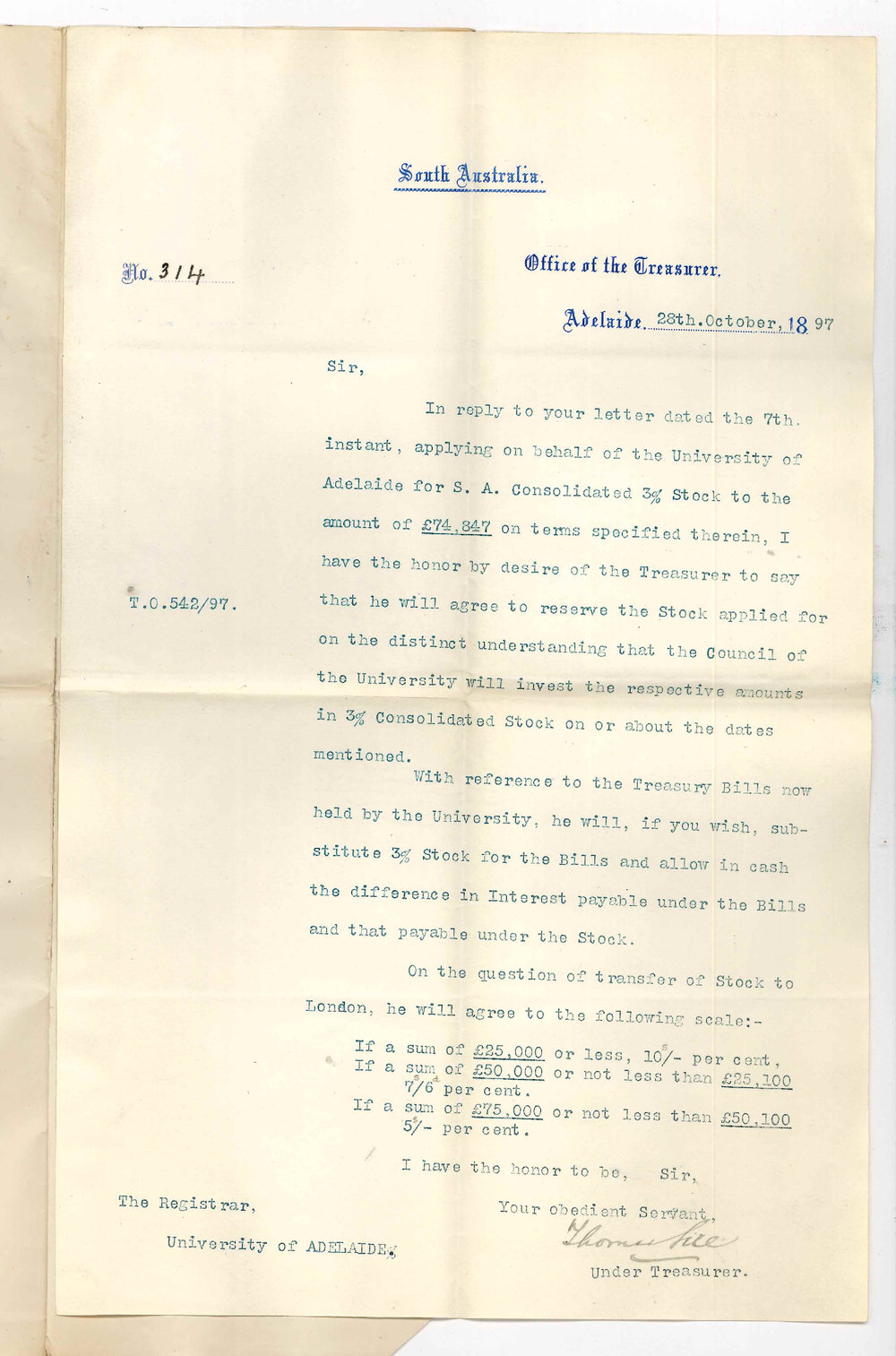 Treasurer - Adelaide - Regarding application for SA Consolidated stock [&pound;74847] at 3%