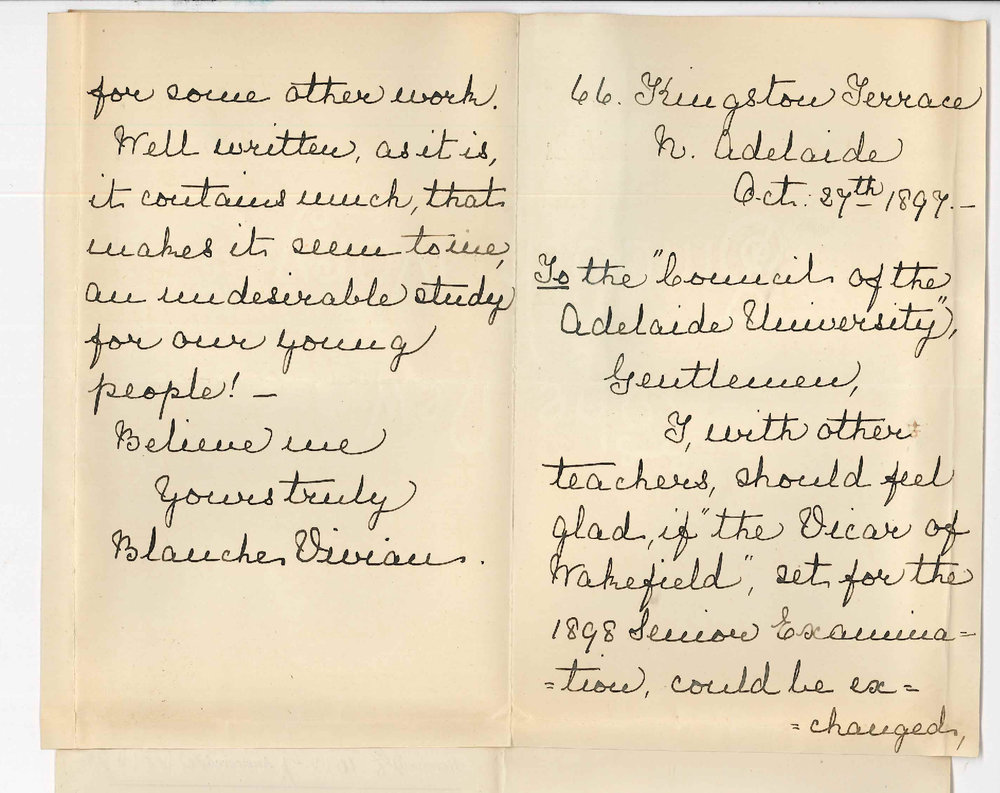 Miss Blanche Vivian - Kingston Terrace North Adelaide - Asking that the 'Vicar of Wakefield' be exchanged for some other work in Senior Public Examination in 1898