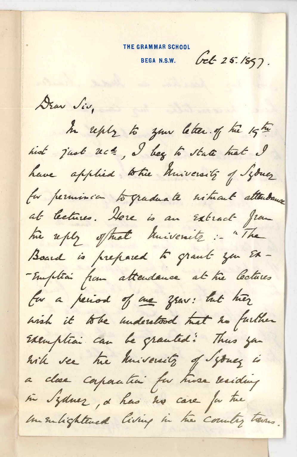 Reverend Alfred J Rolfe - The Grammar School - Bega NSW - Asking to be examined for BA degree locally