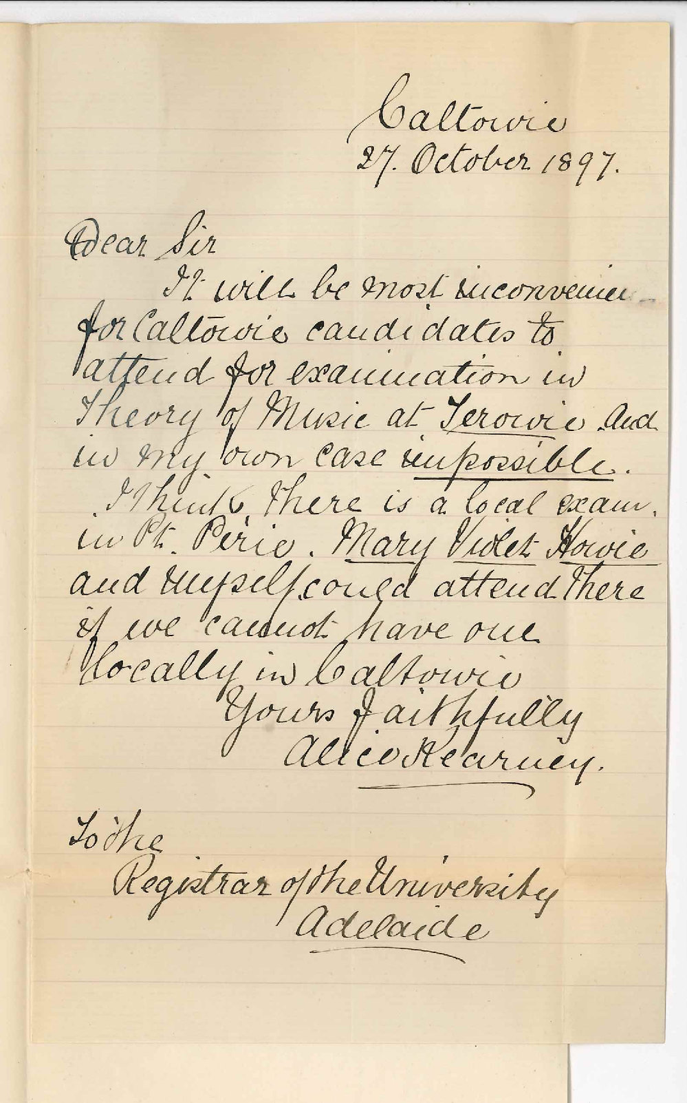 Miss Alice Kearney - Caltowie - Regarding holding Exam at Caltowie