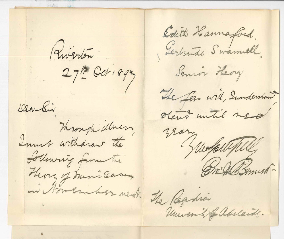 Eric M Bennett - Riverton - Withdrawal of Edith Hannaford and Gertrude Swannell Senior Theory of Music