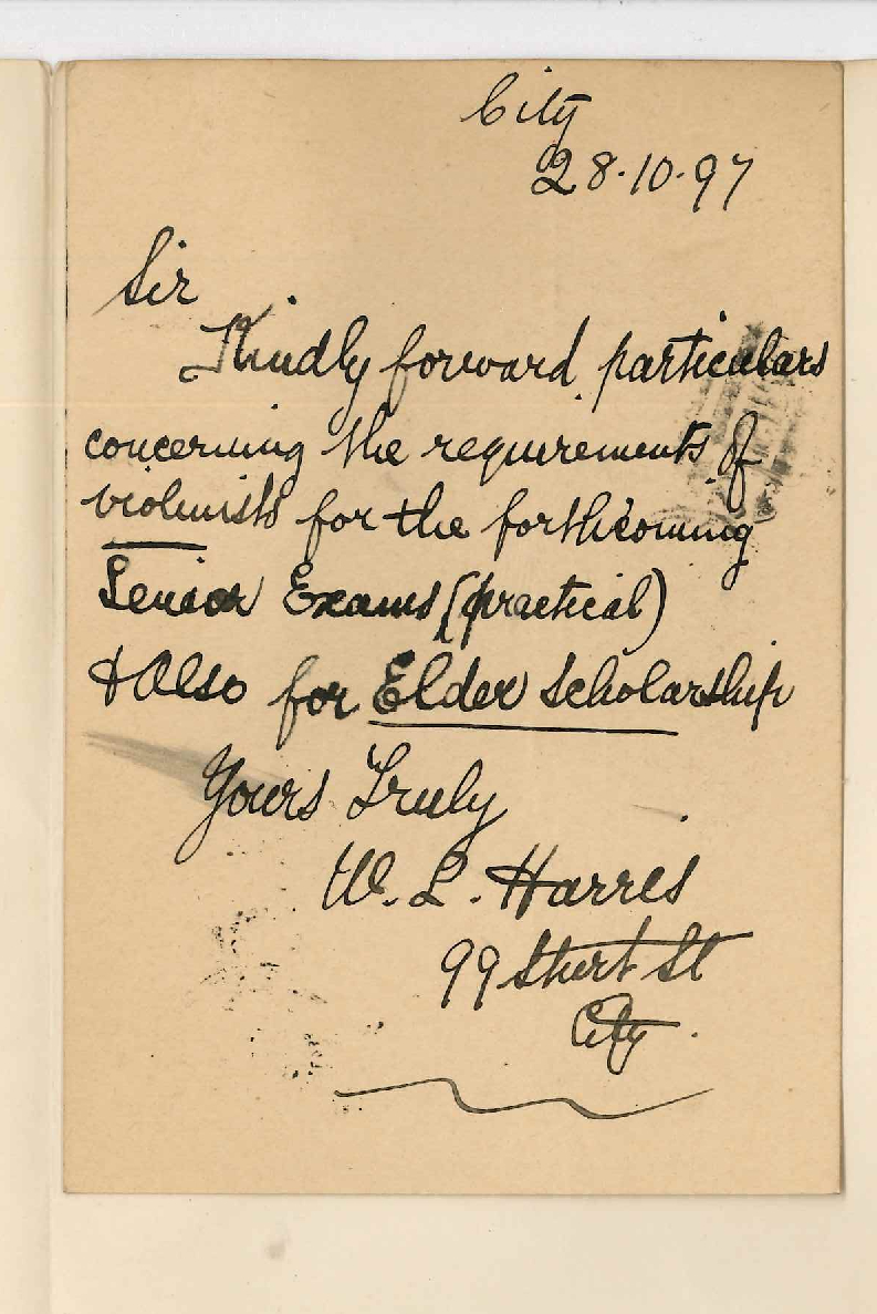 W L Harris - Sturt Street Adelaide - Information regarding Senior Practical Violin and Elder Scholarship