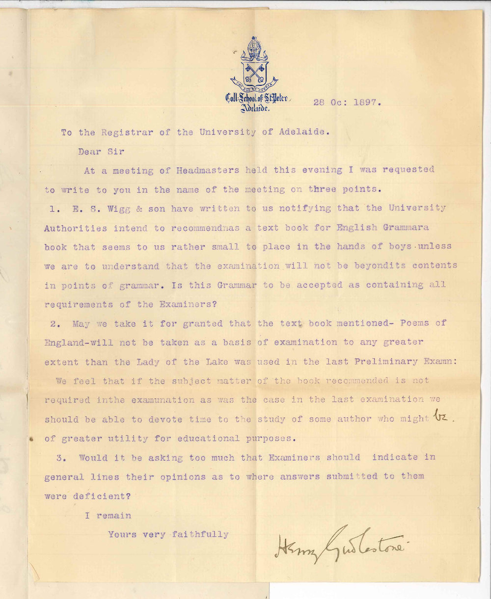 Reverend Henry Girdlestone - St Peters College - Regarding Textbooks for Preliminary Exam 1898