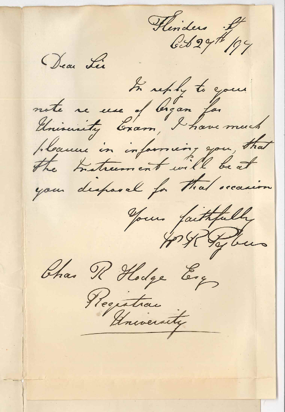 William Richard Pybus - Adelaide - Stating that organ will be at disposal of University for Examination