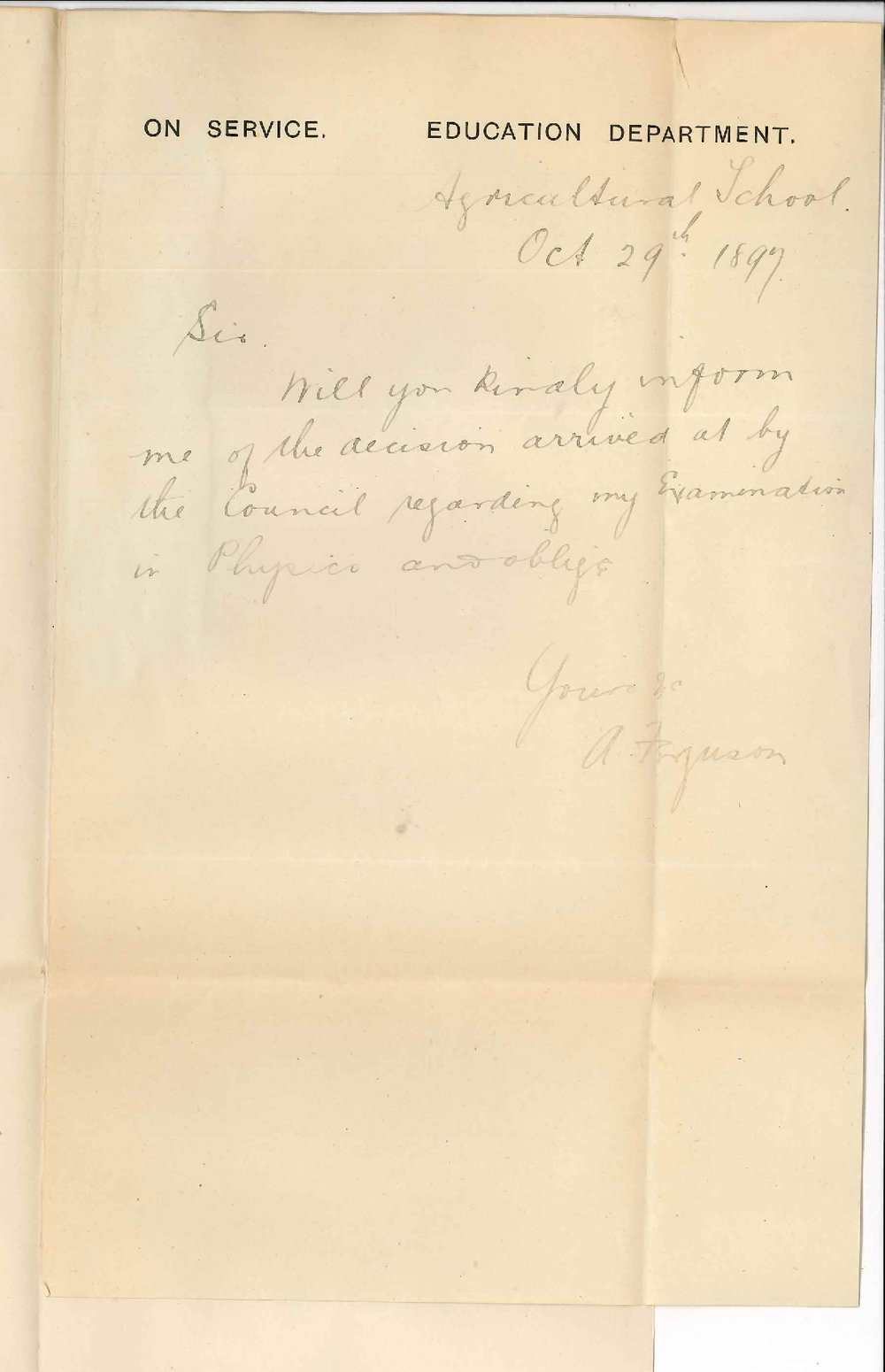 Andrew Ferguson - Agricultural School - Asking what decision was arrived at regarding Exam in Physics